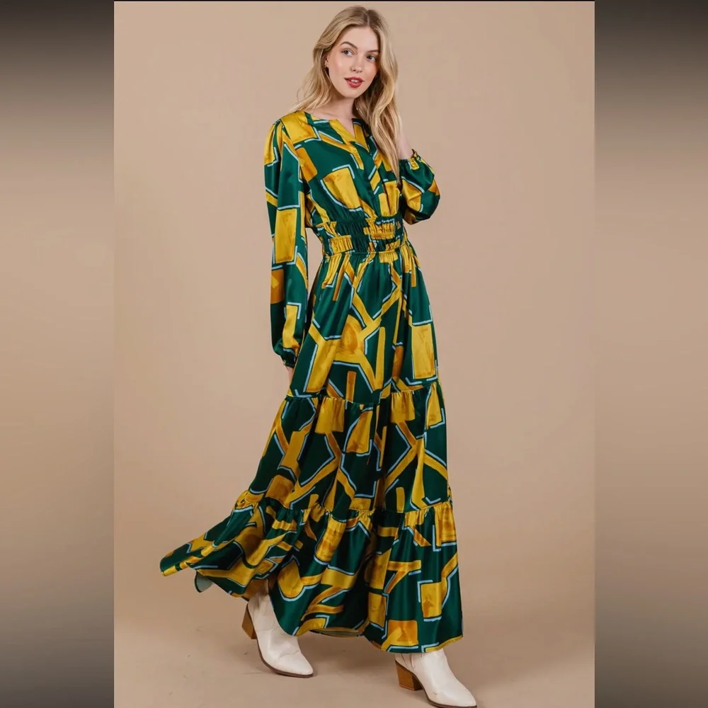 Boho Geometric Print Tiered Maxi Dress - Picture 2 of 6